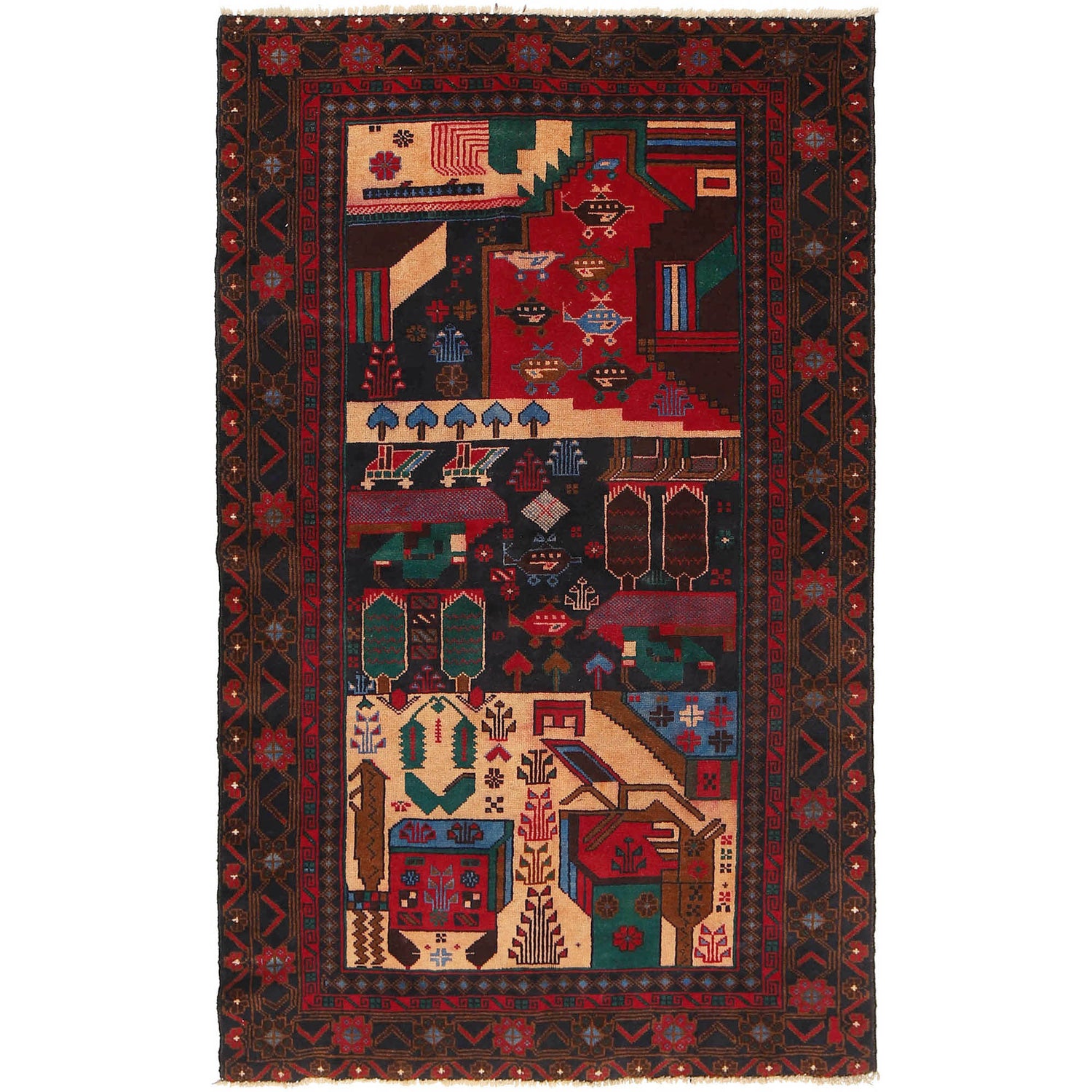 Handmade Pictorial Carpet 3' 8" x 6' 1" ft / 112 x 186 cm - No. R18253