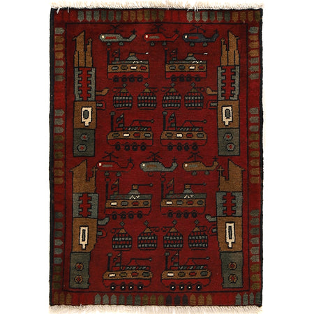 Deep Red Color War Rug 2' 0" x 2' 10" ft / 62 x 87 cm - No. R21555