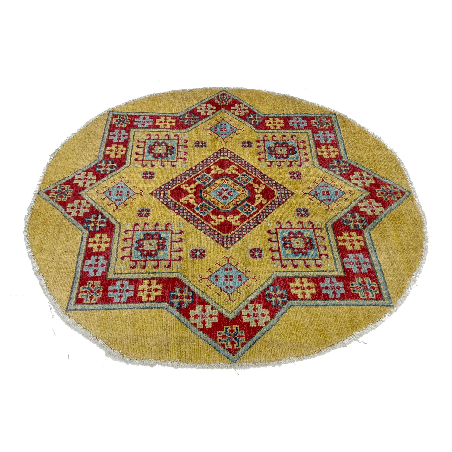 Authentic Afghan Kazak Round Rug 3' 2" x 3' 3" ft / 96 x 100 cm - No. R37678