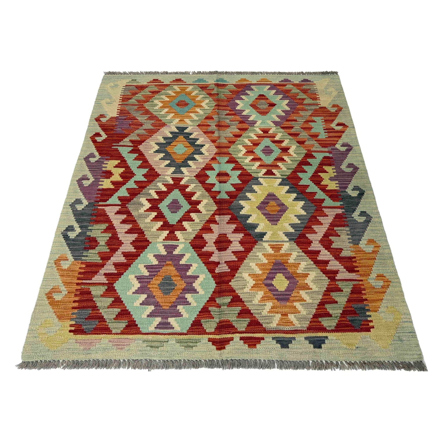 Multi Color ful Flat-Weave Wool Kilim 3' 3" x 4' 8" ft / 100 x 143 cm - No. R37795