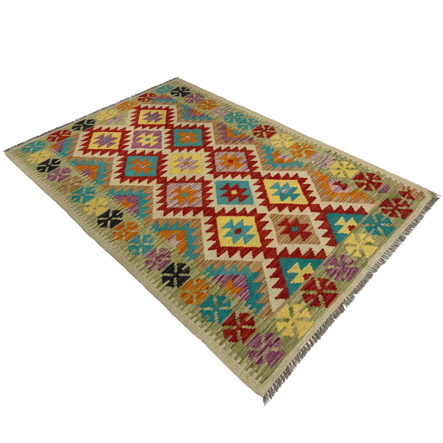 Handmade Turkish Design Wool Kilim 3' 3" x 5' 5" ft / 100 x 165 cm - No. R37884