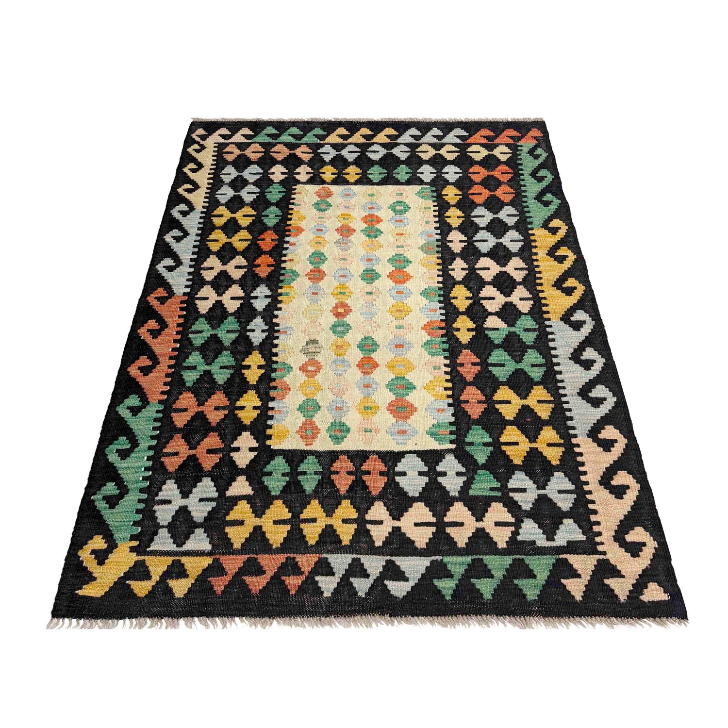 Multi Color ful Flat-Weave Wool Kilim 3' 7" x 5' 1" ft / 110 x 154 cm - No. R37902