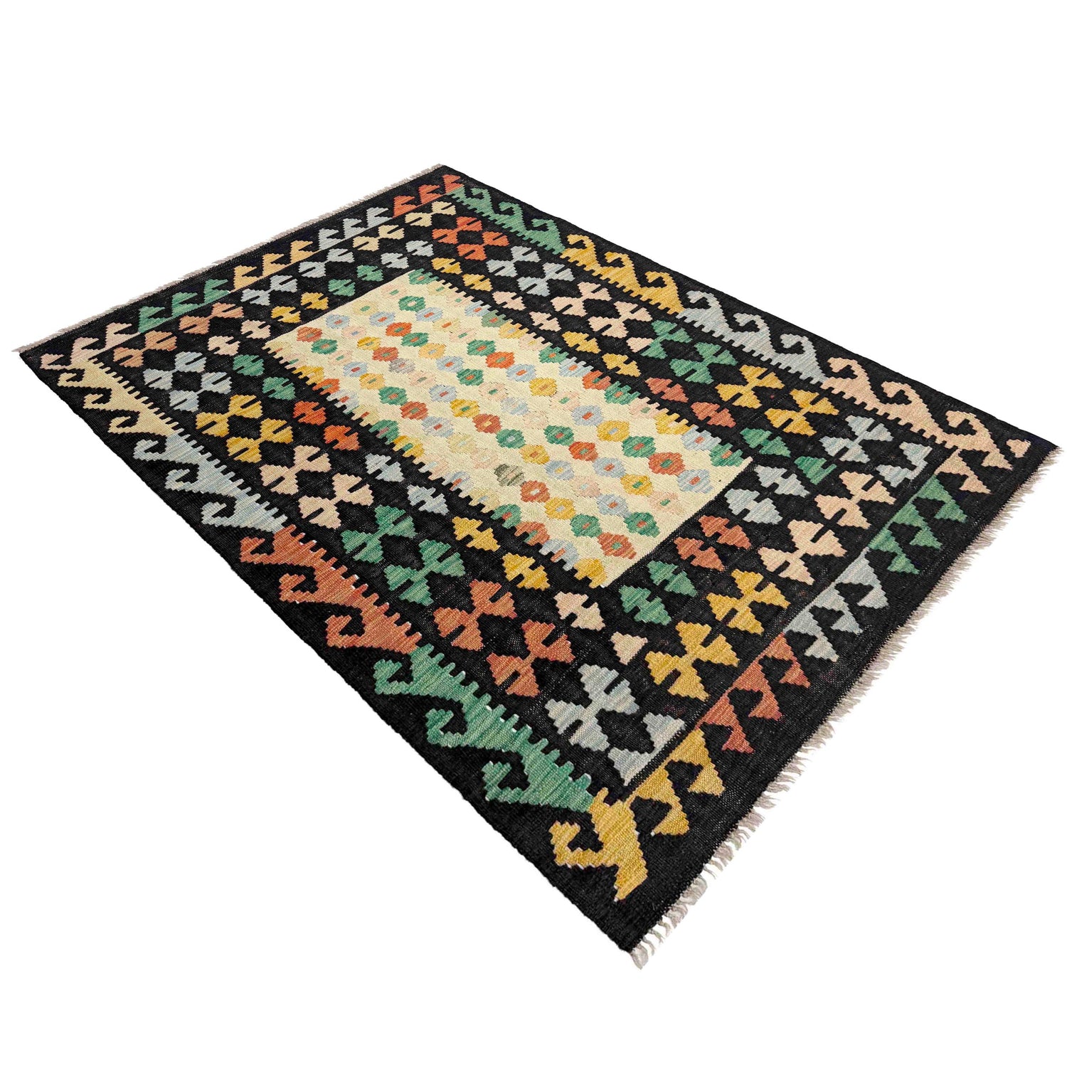 Multi Color ful Flat-Weave Wool Kilim 3' 7" x 5' 1" ft / 110 x 154 cm - No. R37902
