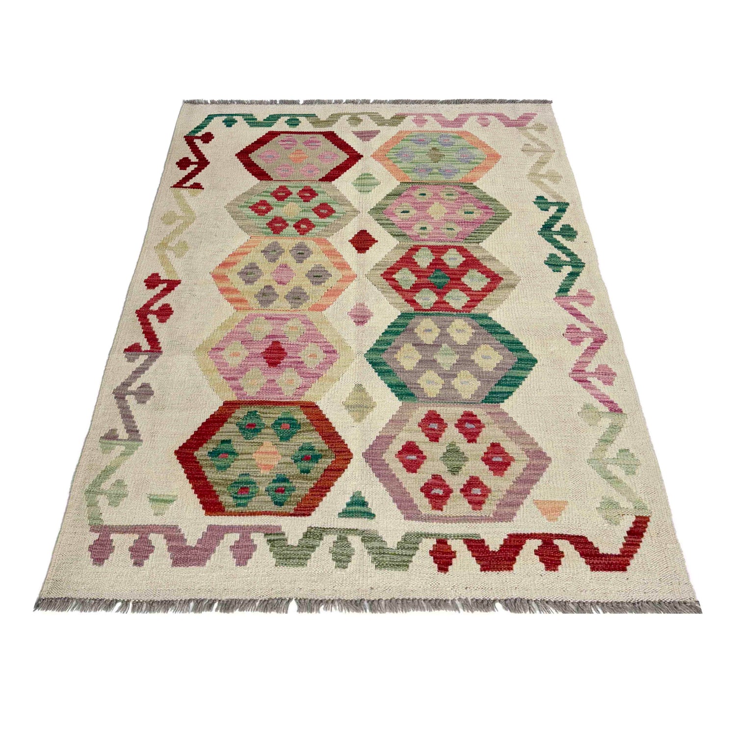 Hand Knotted Afghan Style Kilim 3' 4" x 4' 9" ft / 101 x 146 cm - No. R37913