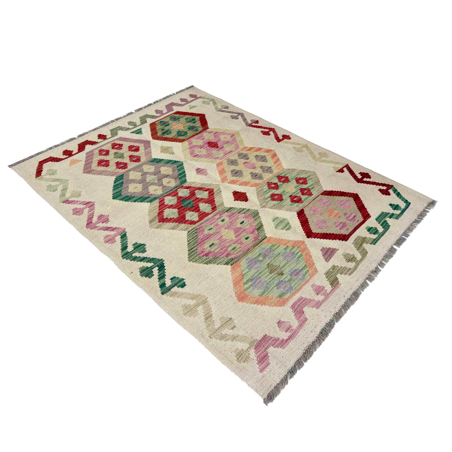 Hand Knotted Afghan Style Kilim 3' 4" x 4' 9" ft / 101 x 146 cm - No. R37913
