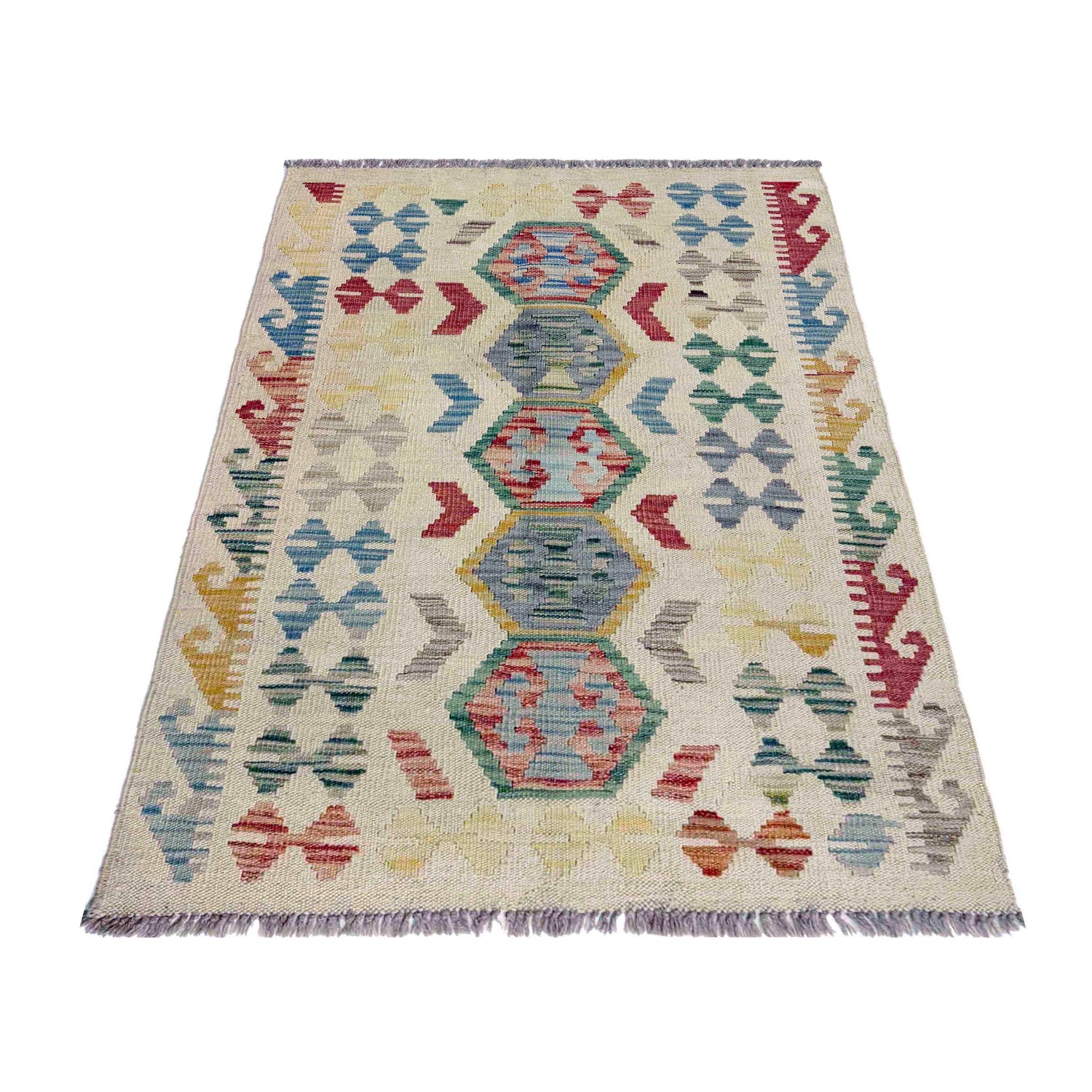 Multi Color ful Flat-Weave Wool Kilim 2' 8" x 4' 1" ft / 82 x 125 cm - No. R37921