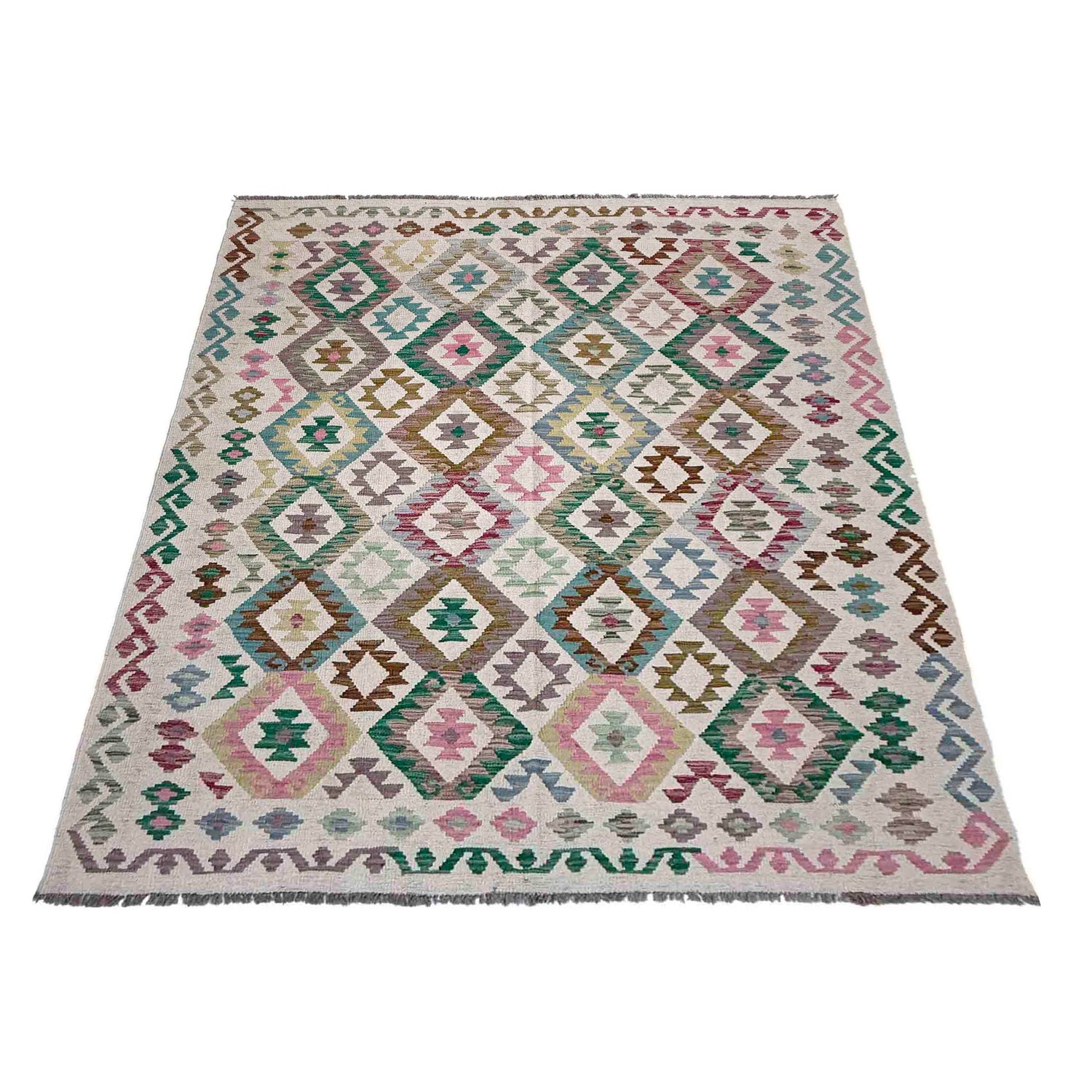 Multi Color ful Flat-Weave Wool Kilim 5' 11" x 7' 7" ft / 180 x 232 cm - No. R37934