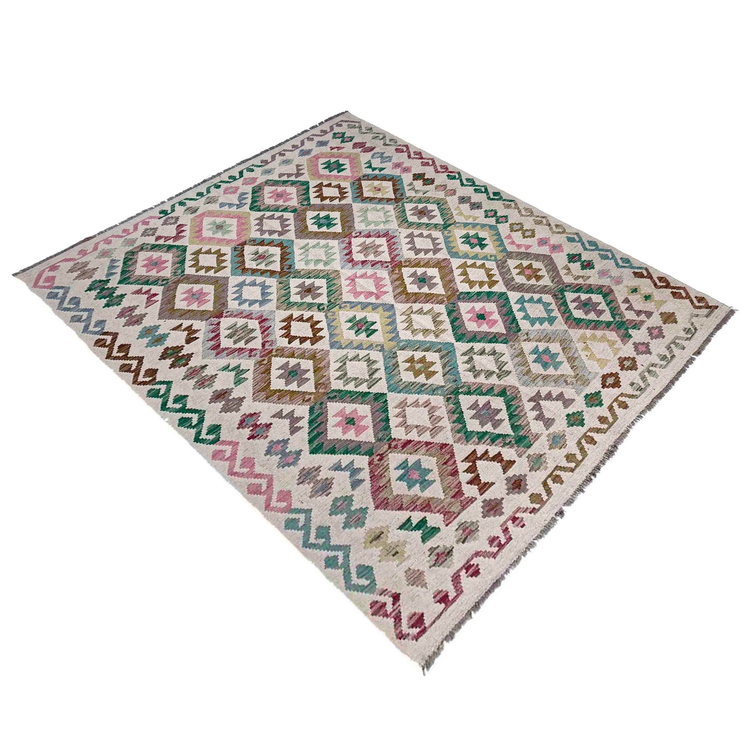 Multi Color ful Flat-Weave Wool Kilim 5' 11" x 7' 7" ft / 180 x 232 cm - No. R37934