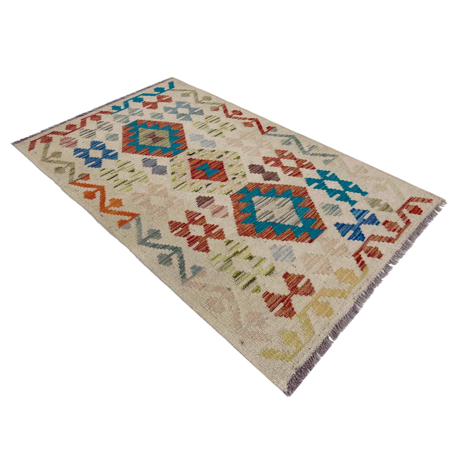 Hand Woven Wool Kelim 2' 5" x 4' 3" ft / 74 x 129 cm - No. R37958