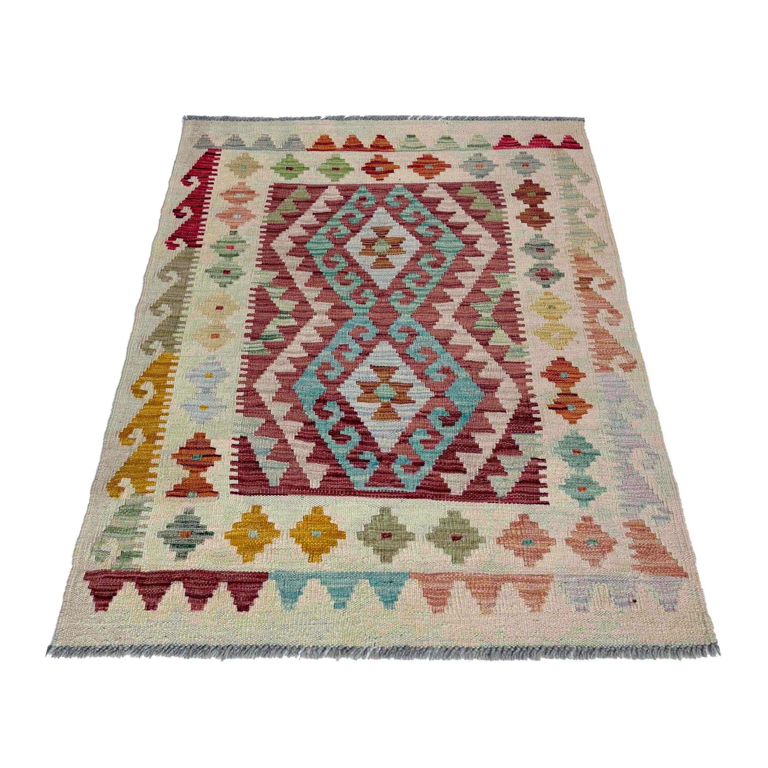 Multi Color ful Flat-Weave Wool Kilim 2' 11" x 4' 1" ft / 89 x 125 cm - No. R37965