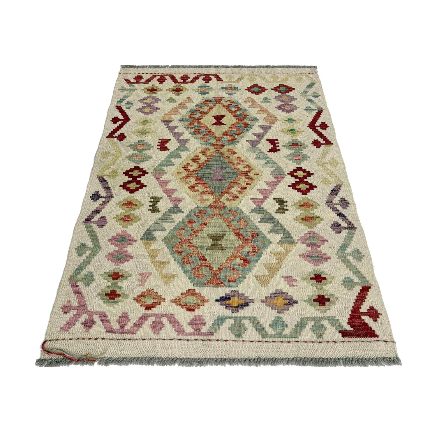 Multi Color ful Flat-Weave Wool Kilim 2' 9" x 4' 3" ft / 85 x 130 cm - No. R37978