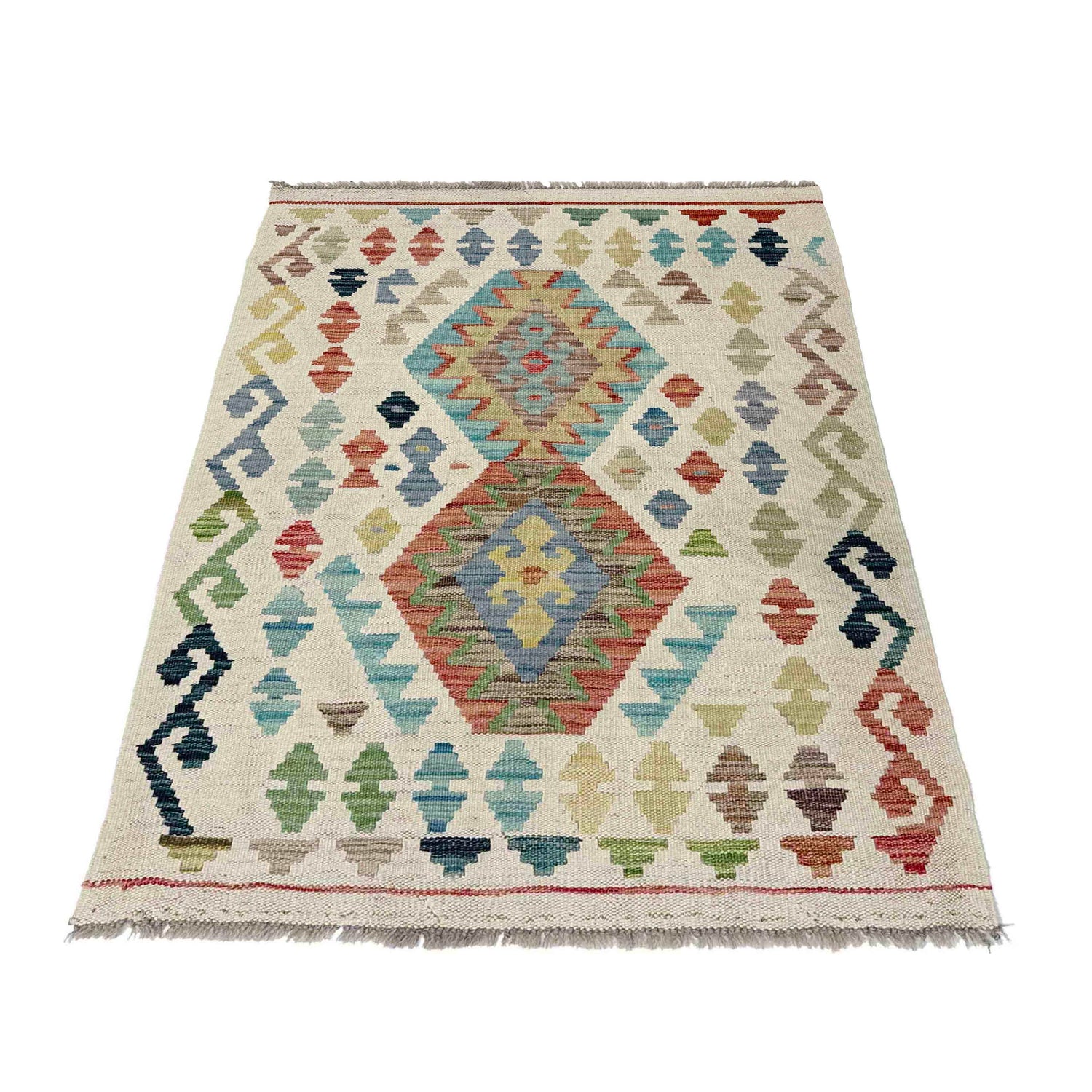 Multi Color ful Flat-Weave Wool Kilim 2' 8" x 4' 1" ft / 82 x 125 cm - No. R38298
