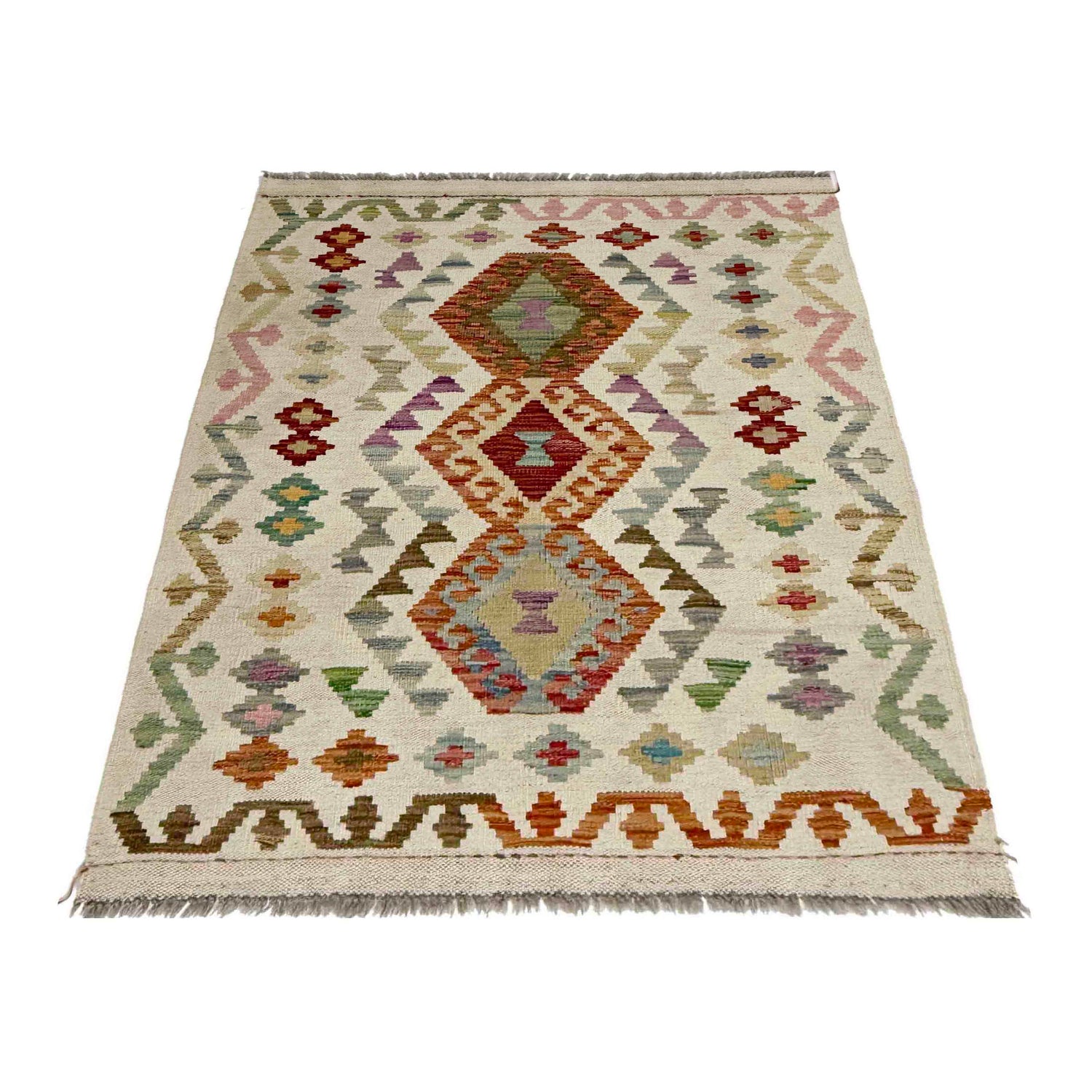 Multi Color ful Flat-Weave Wool Kilim 2' 10" x 4' 2" ft / 86 x 127 cm - No. R38312