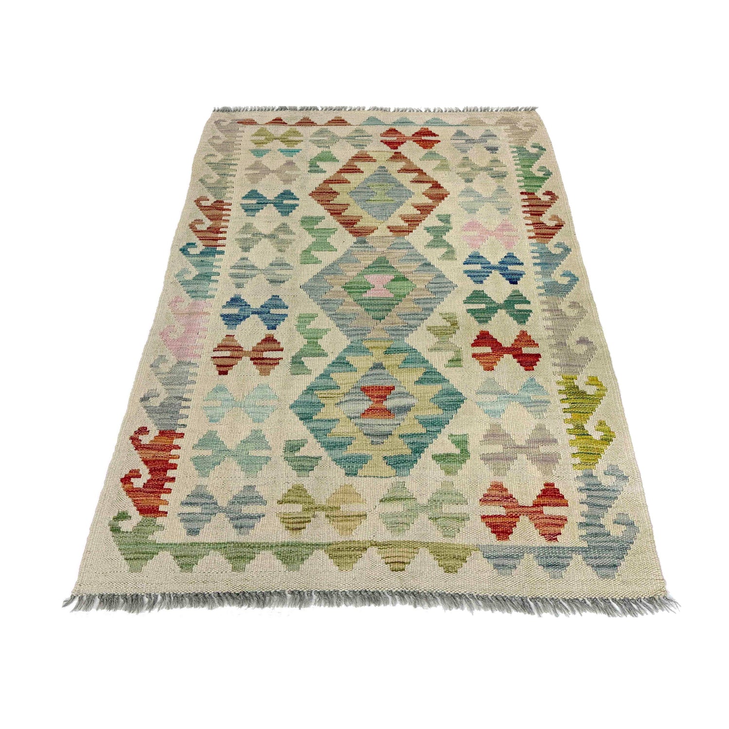 Colorful Flat-Weave Wool Kilim 2' 9" x 4' 2" ft / 83 x 128 cm - No. R38331