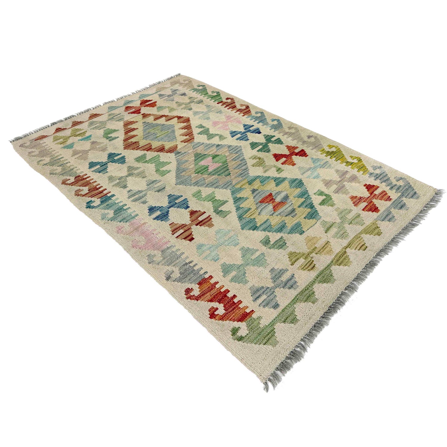 Colorful Flat-Weave Wool Kilim 2' 9" x 4' 2" ft / 83 x 128 cm - No. R38331