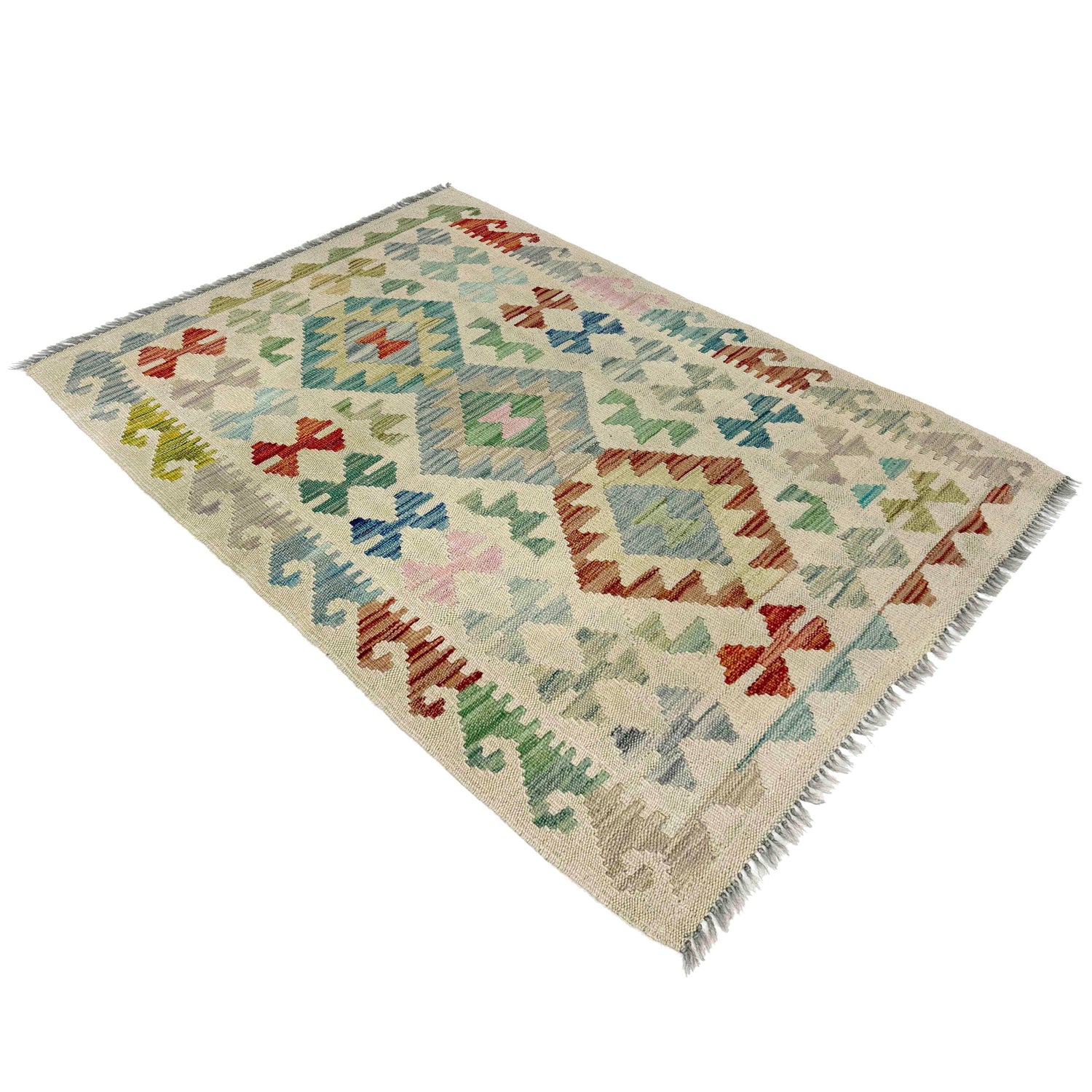 Colorful Flat-Weave Wool Kilim 2' 9" x 4' 2" ft / 83 x 128 cm - No. R38331