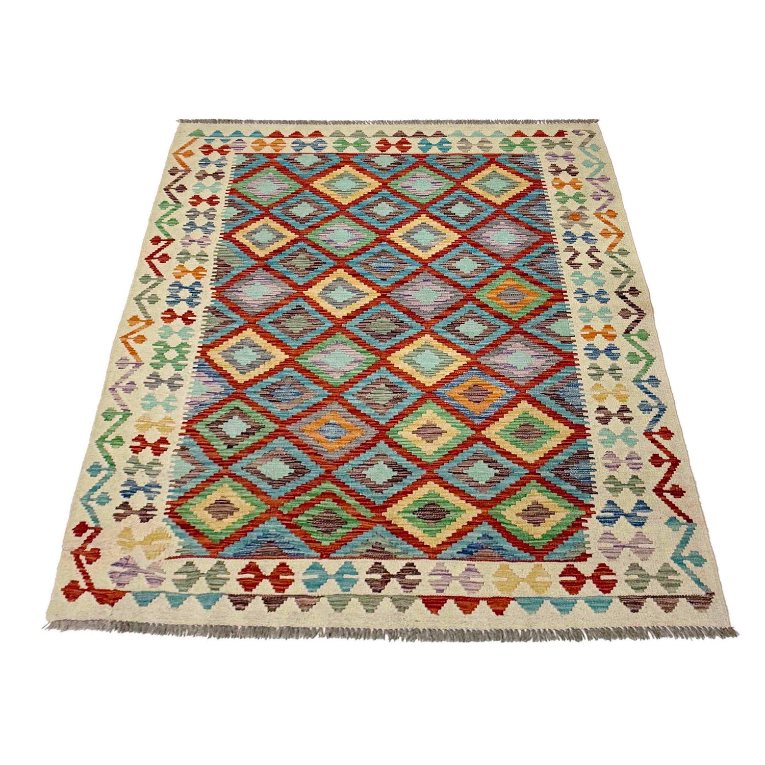 Multi Color ful Flat-Weave Wool Kilim 4' 10" x 6' 5" ft / 147 x 196 cm - No. R38451