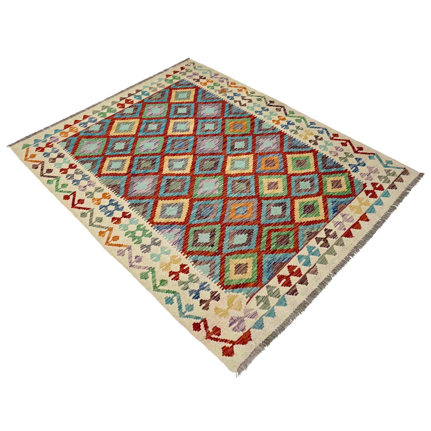 Multi Color ful Flat-Weave Wool Kilim 4' 10" x 6' 5" ft / 147 x 196 cm - No. R38451