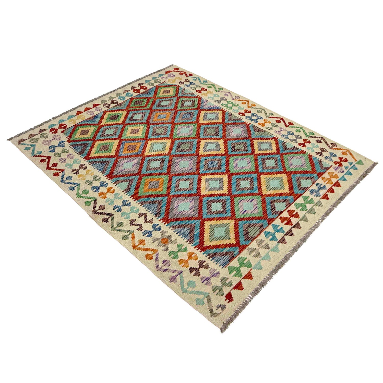 Multi Color ful Flat-Weave Wool Kilim 4' 10" x 6' 5" ft / 147 x 196 cm - No. R38451