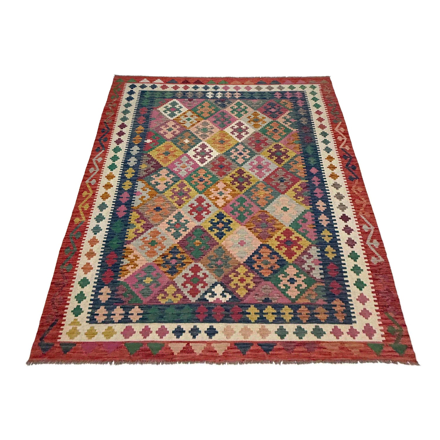 Multi Color ful Flat-Weave Wool Kilim 6' 7" x 9' 9" ft / 200 x 296 cm - No. R38628