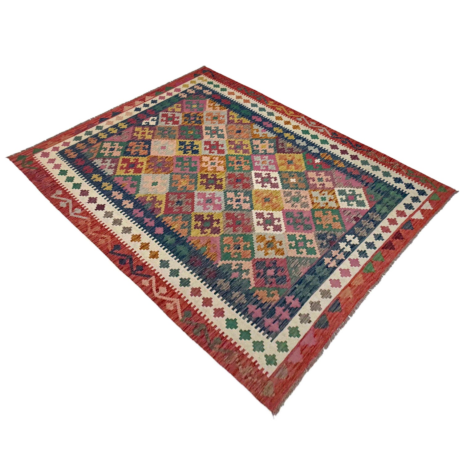 Multi Color ful Flat-Weave Wool Kilim 6' 7" x 9' 9" ft / 200 x 296 cm - No. R38628