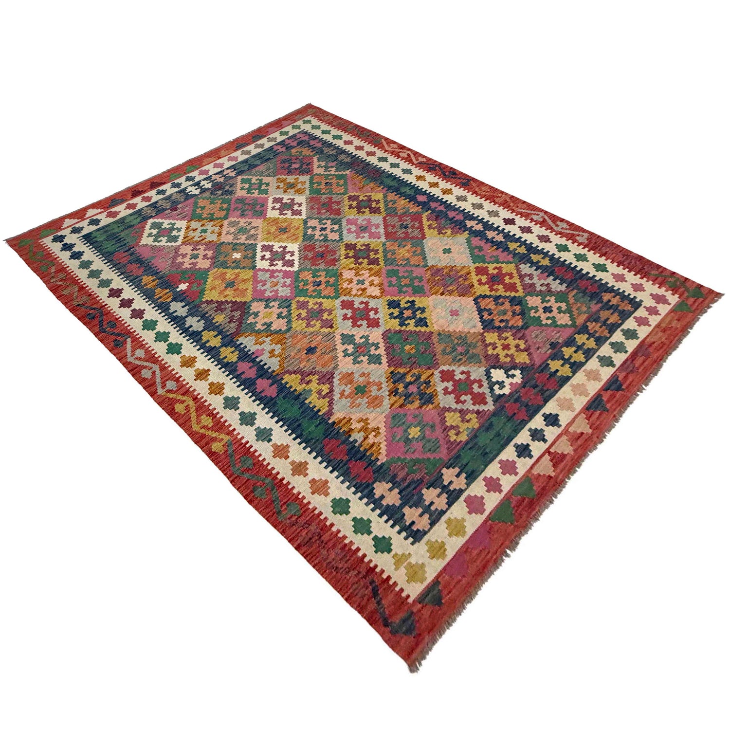 Multi Color ful Flat-Weave Wool Kilim 6' 7" x 9' 9" ft / 200 x 296 cm - No. R38628