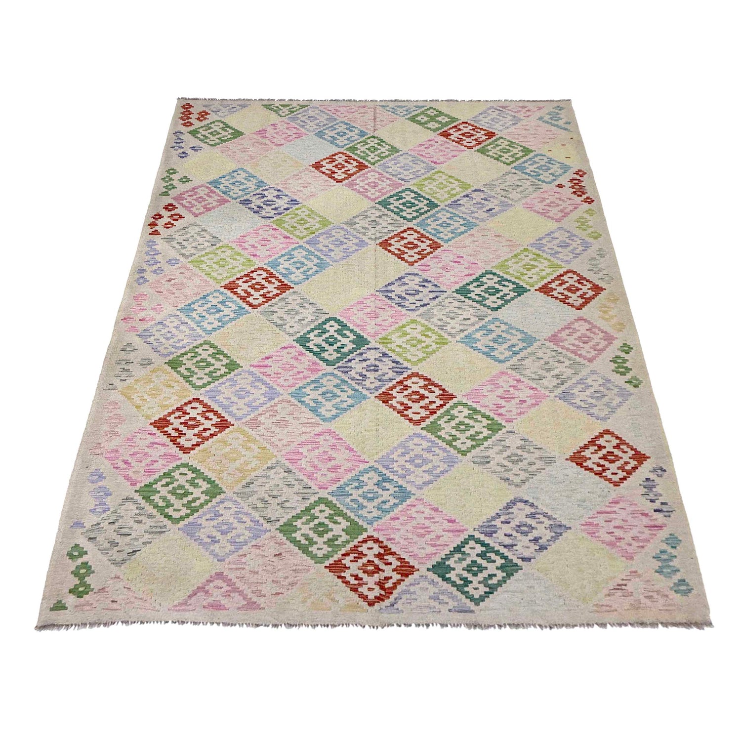 Multi Color ful Flat-Weave Wool Kilim 6' 7" x 9' 6" ft / 200 x 289 cm - No. R38629