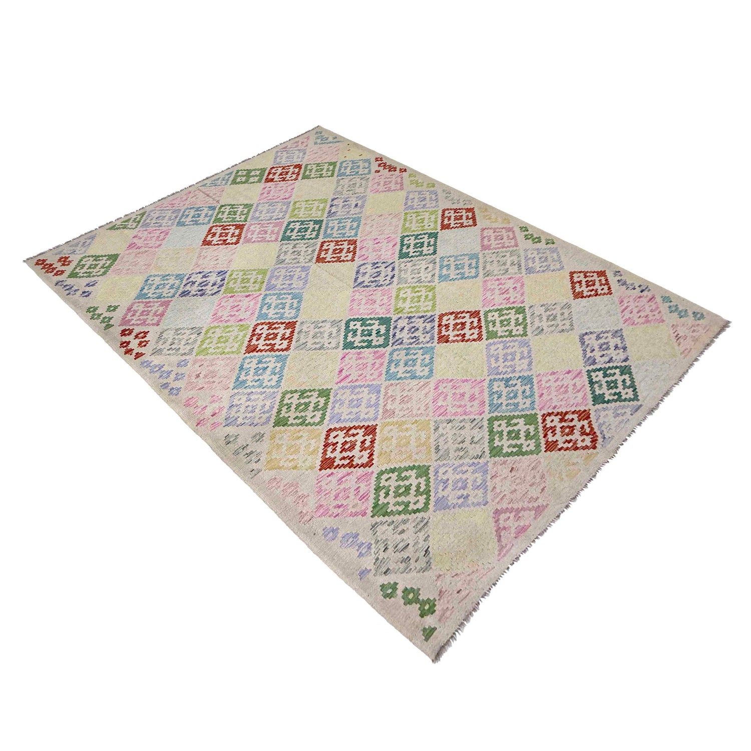 Multi Color ful Flat-Weave Wool Kilim 6' 7" x 9' 6" ft / 200 x 289 cm - No. R38629