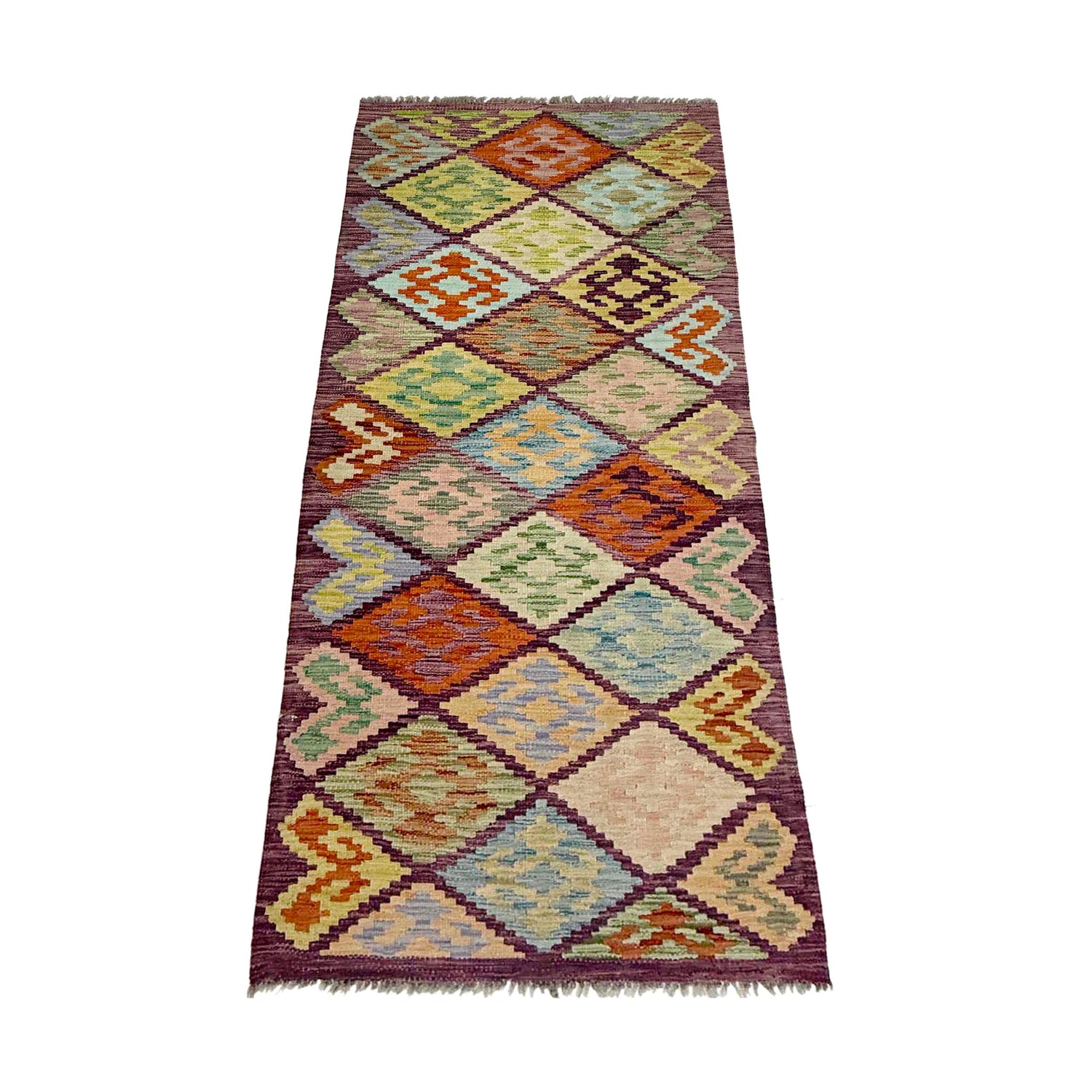 Multi Color ful Flat-Weave Wool Kilim Runner 2' 7" x 6' 7" ft / 79 x 200 cm - No. R38645