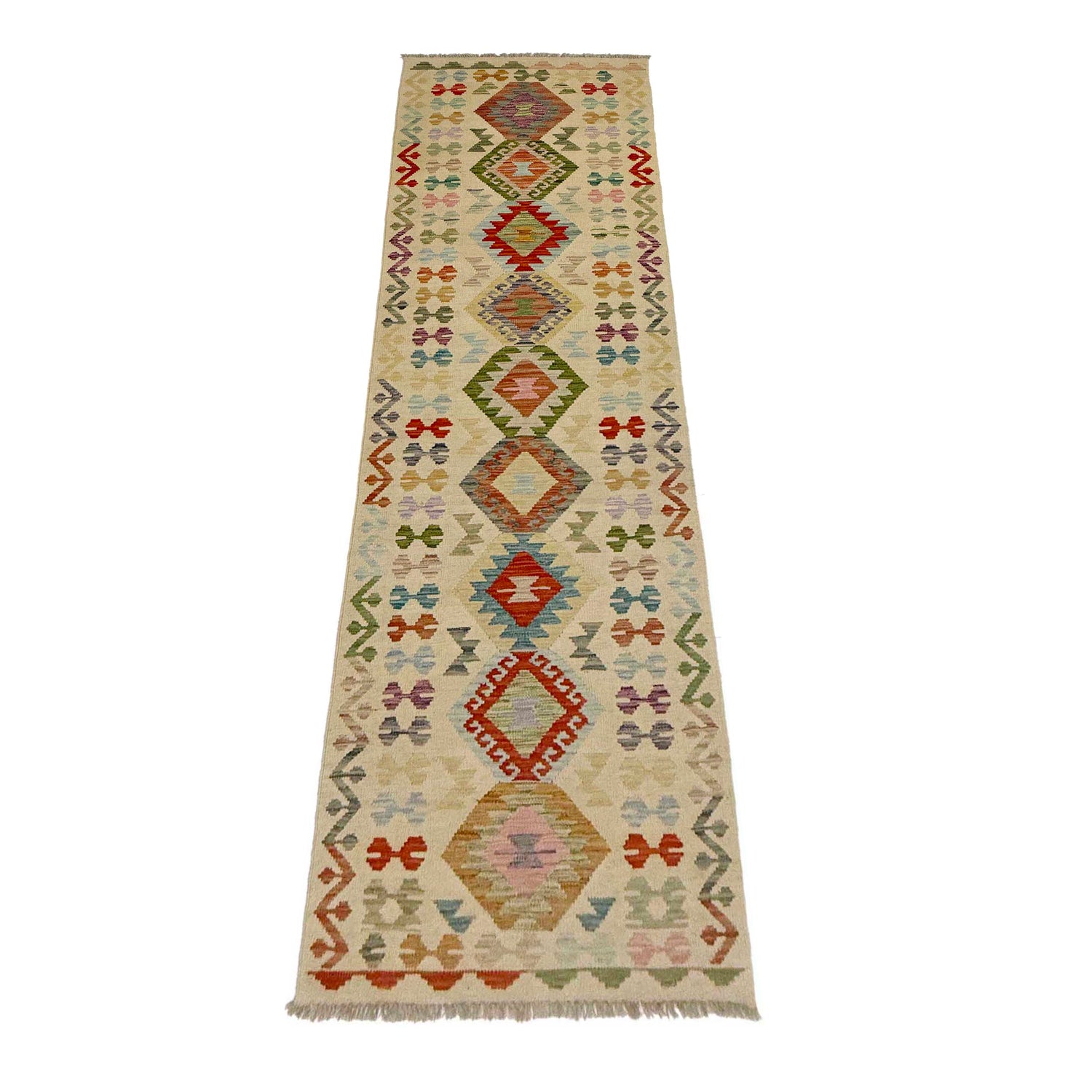 Multi Color ful Flat-Weave Wool Kilim Runner 2' 7" x 9' 9" ft / 78 x 297 cm - No. R38655