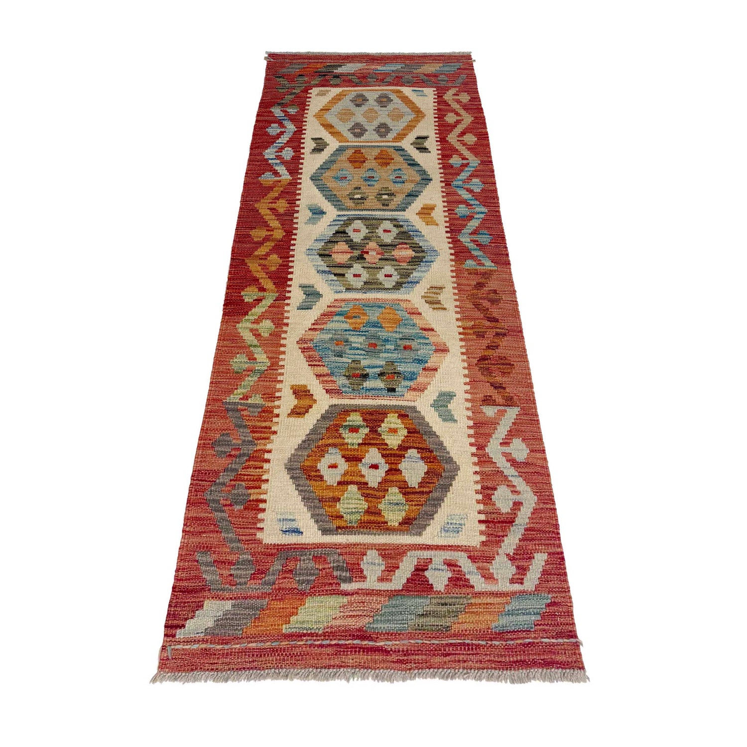 Multi Color ful Flat-Weave Wool Kilim Runner 2' 0" x 5' 10" ft / 61 x 179 cm - No. R38657