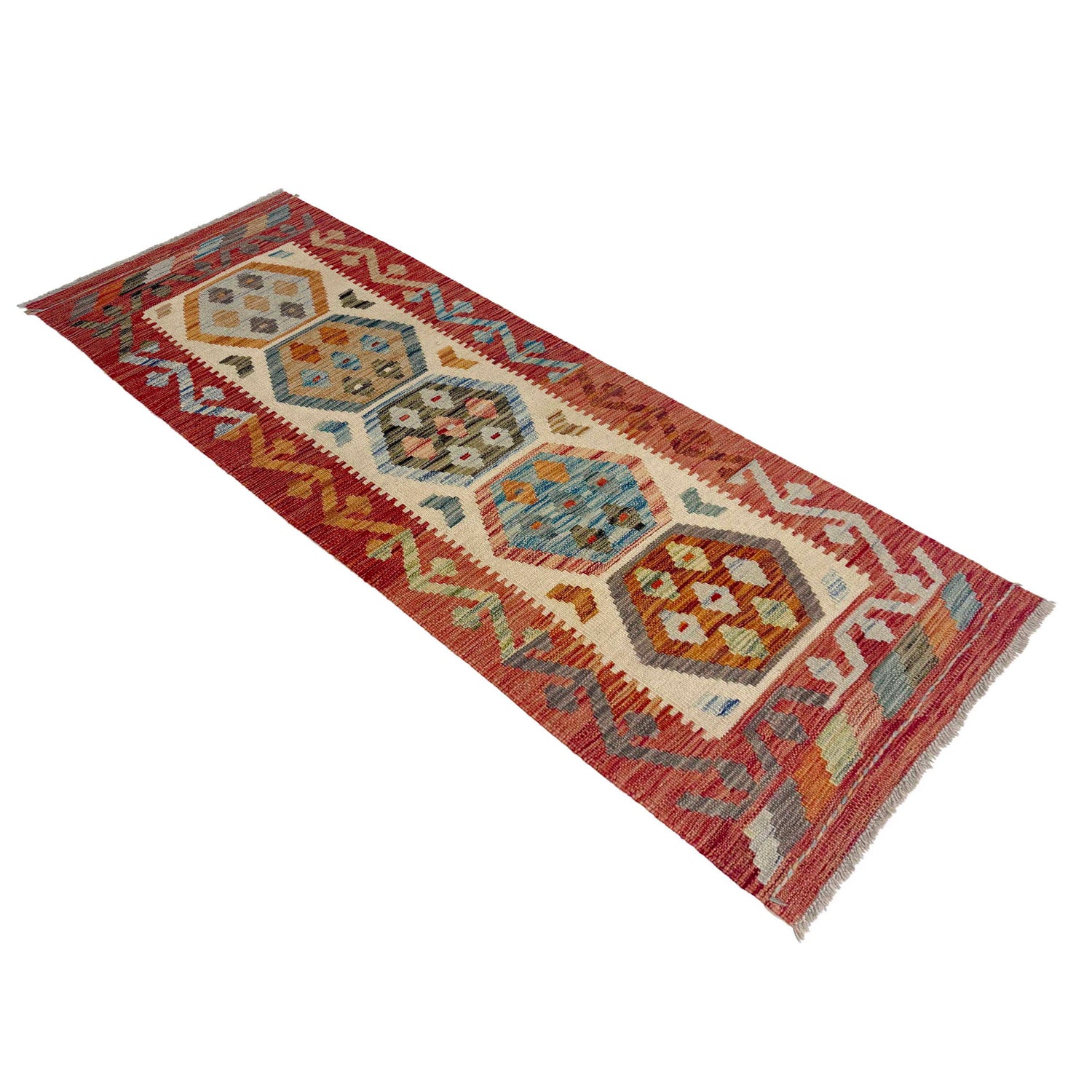 Multi Color ful Flat-Weave Wool Kilim Runner 2' 0" x 5' 10" ft / 61 x 179 cm - No. R38657