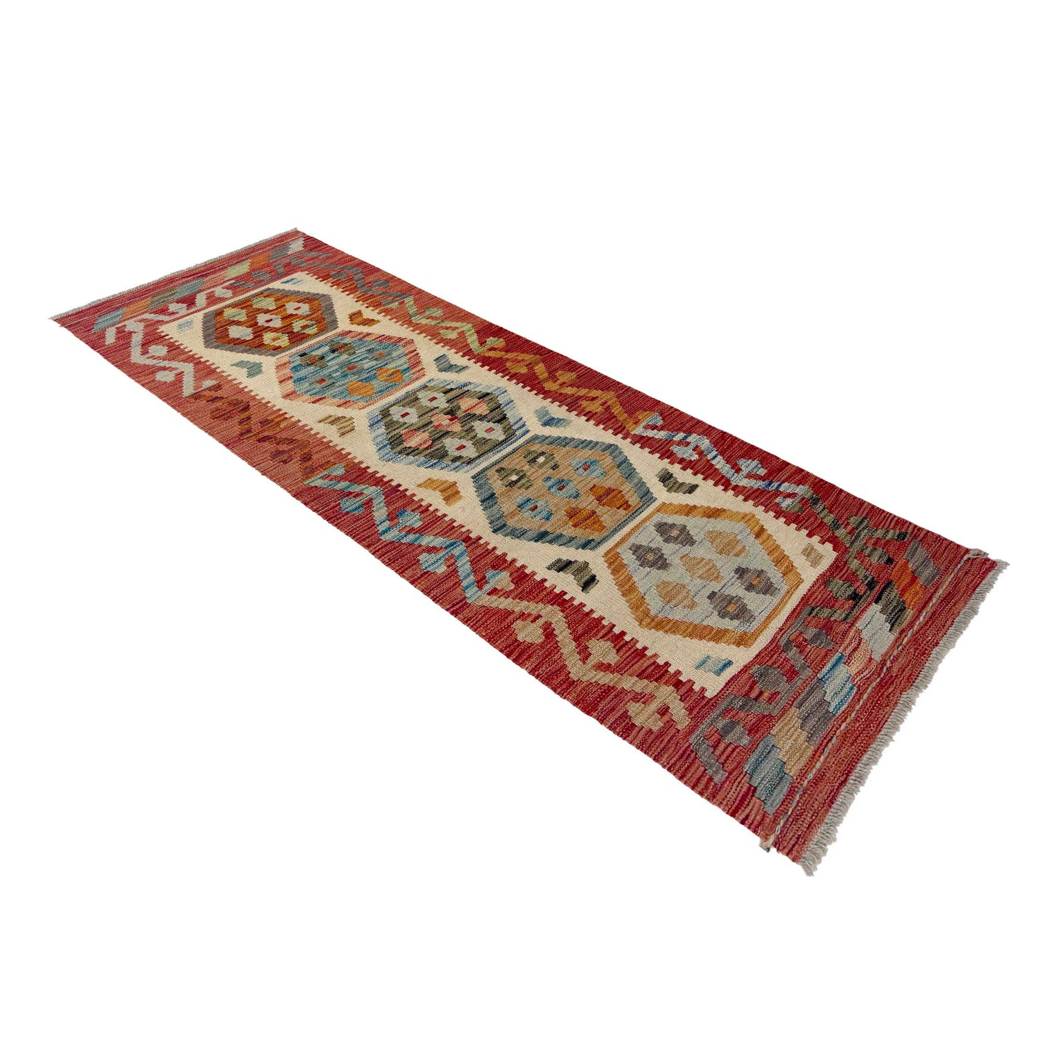 Multi Color ful Flat-Weave Wool Kilim Runner 2' 0" x 5' 10" ft / 61 x 179 cm - No. R38657