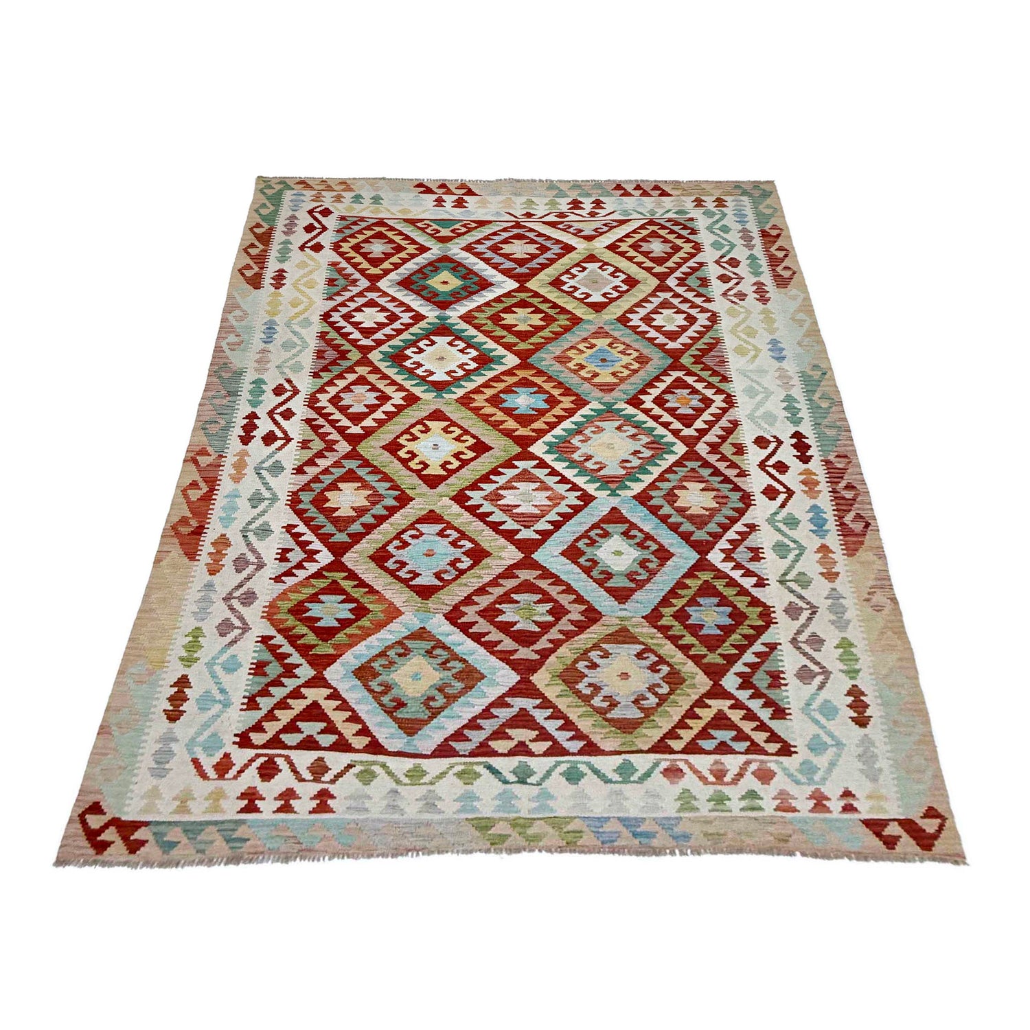 Multi Color ful Flat-Weave Wool Kilim 6' 9" x 9' 9" ft / 206 x 298 cm - No. R38674