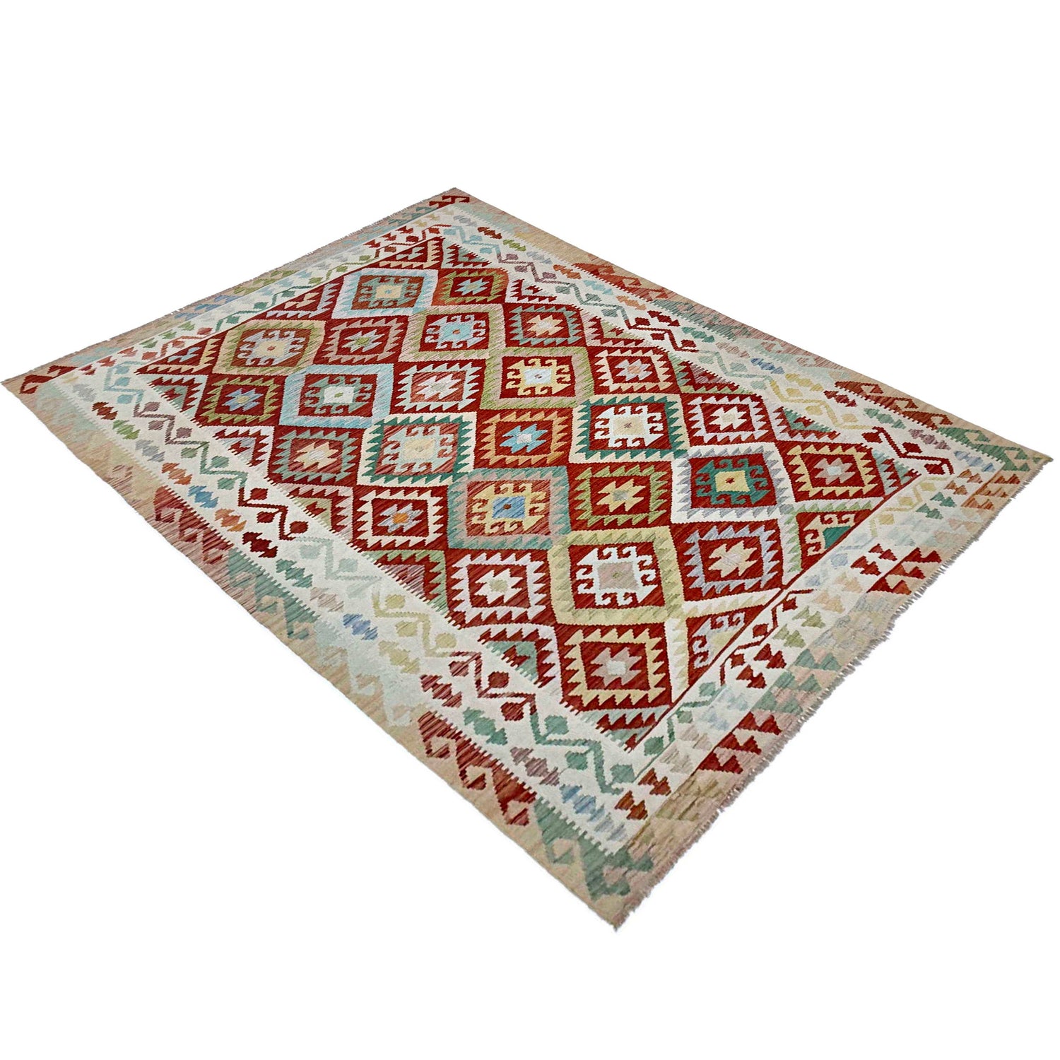 Multi Color ful Flat-Weave Wool Kilim 6' 9" x 9' 9" ft / 206 x 298 cm - No. R38674