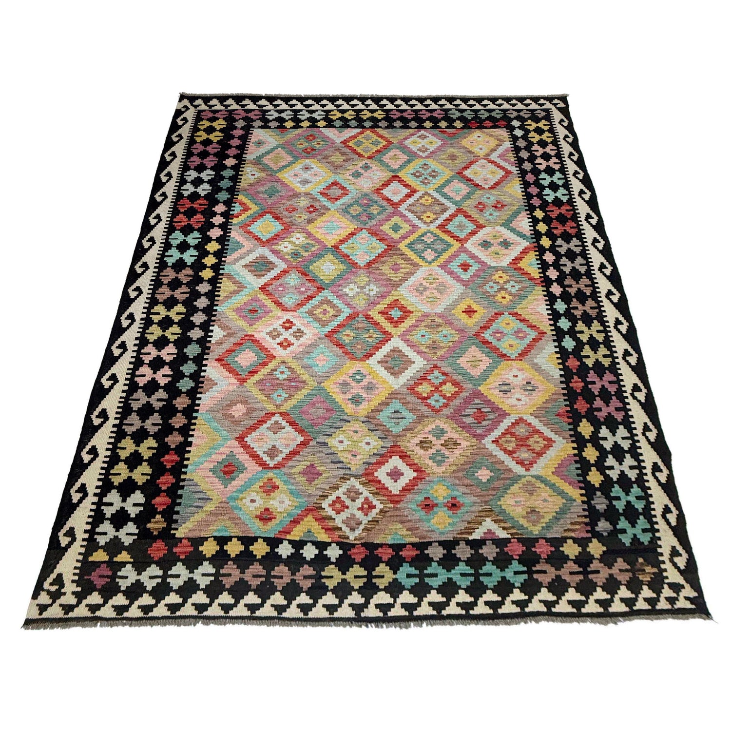 Multi Color ful Flat-Weave Wool Kilim 6' 11" x 9' 7" ft / 211 x 292 cm - No. R38713