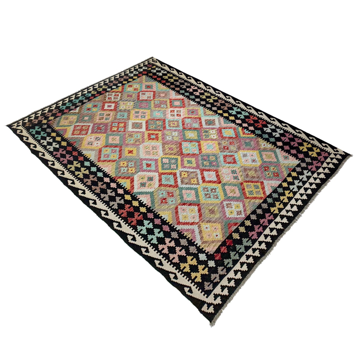 Multi Color ful Flat-Weave Wool Kilim 6' 11" x 9' 7" ft / 211 x 292 cm - No. R38713