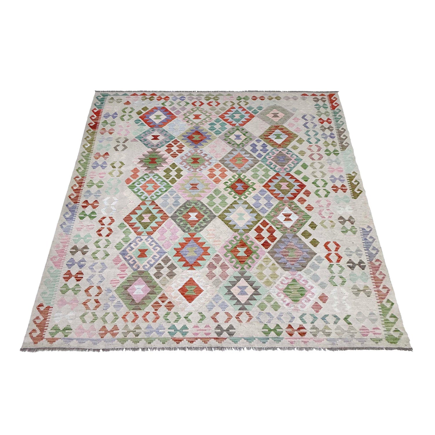 Multi Color ful Flat-Weave Wool Kilim 8' 0" x 9' 9" ft / 244 x 296 cm - No. R38780