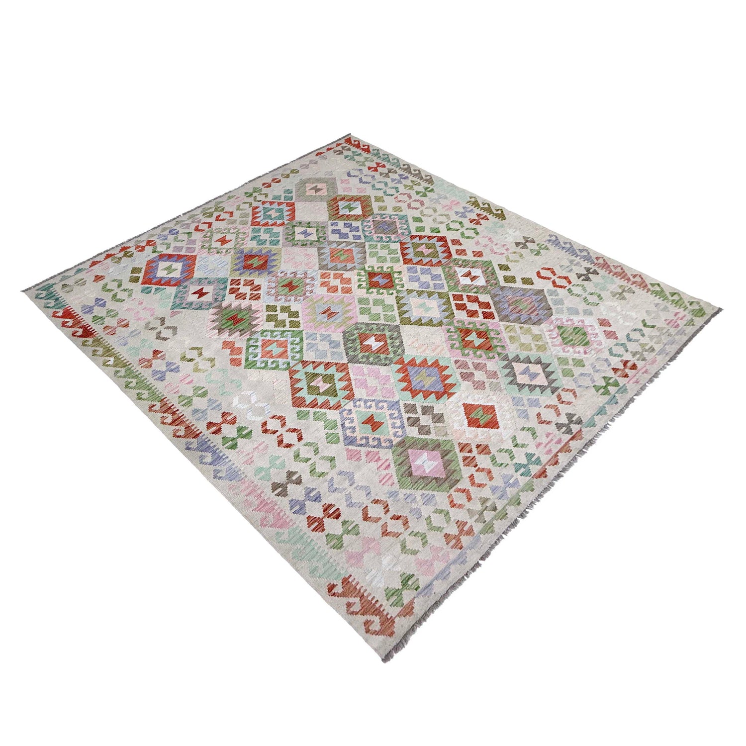 Multi Color ful Flat-Weave Wool Kilim 8' 0" x 9' 9" ft / 244 x 296 cm - No. R38780