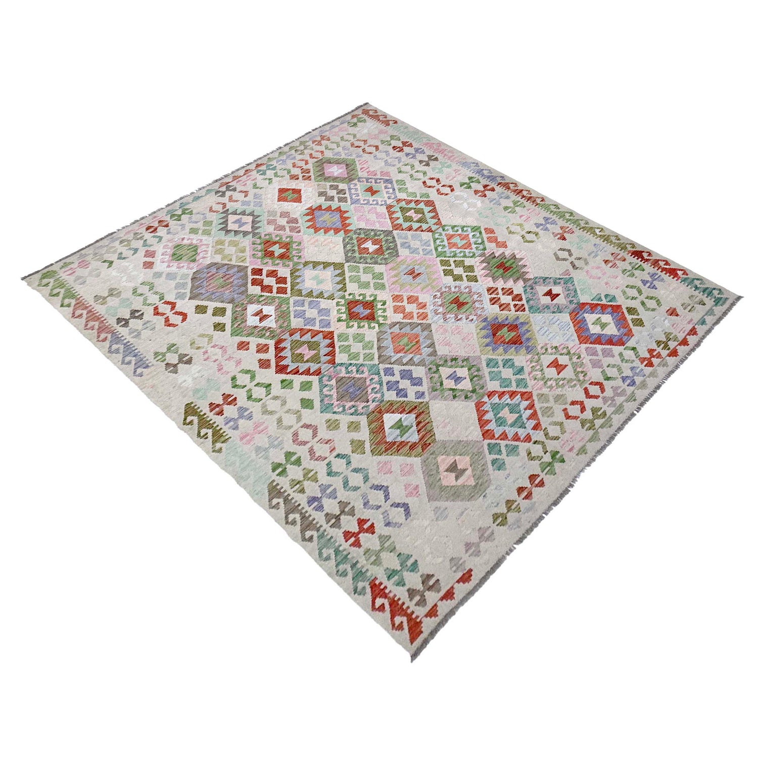 Multi Color ful Flat-Weave Wool Kilim 8' 0" x 9' 9" ft / 244 x 296 cm - No. R38780