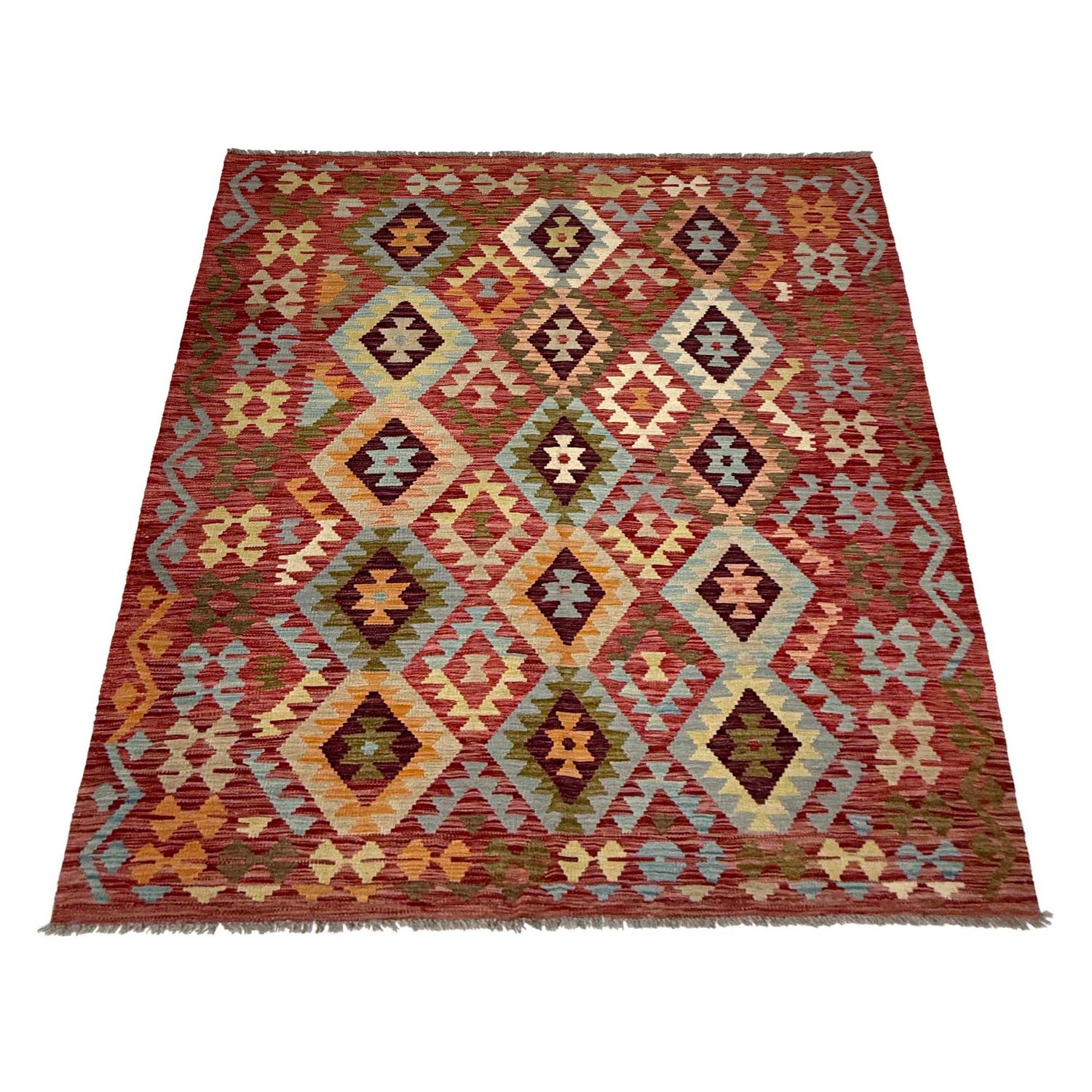 Multi Color ful Flat-Weave Wool Kilim 5' 1" x 6' 11" ft / 155 x 210 cm - No. R38806