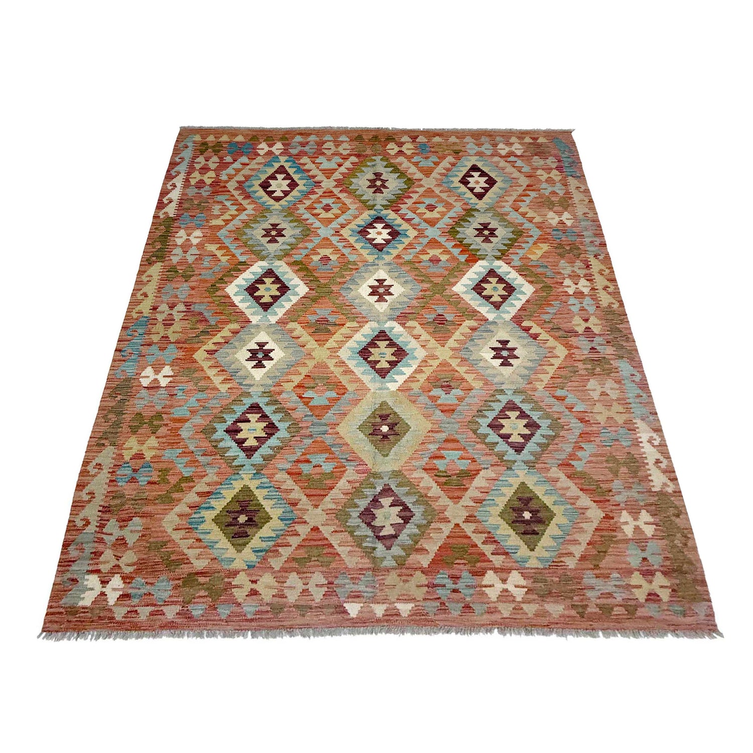 Multi Color ful Flat-Weave Wool Kilim 5' 9" x 7' 11" ft / 175 x 242 cm - No. R38807