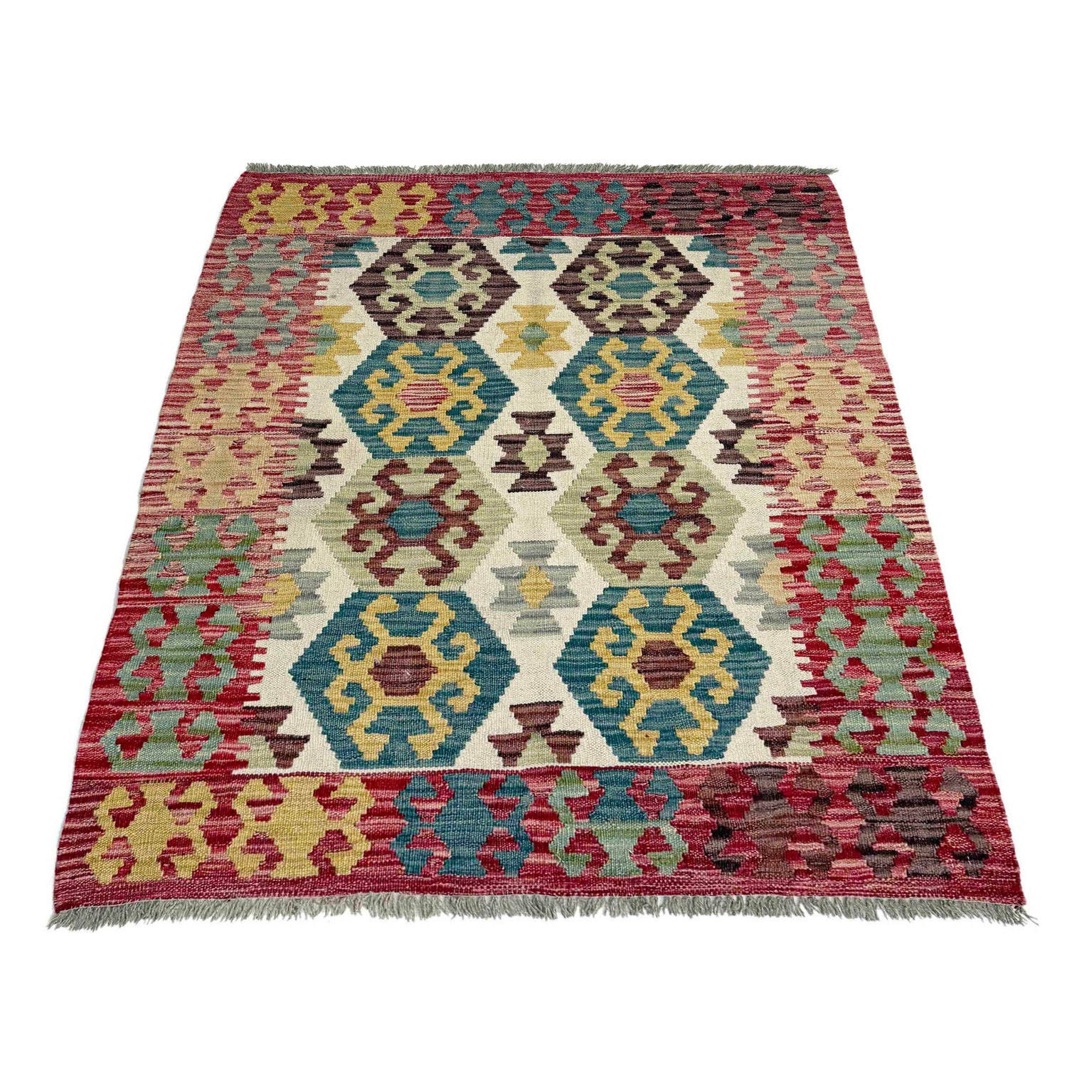 Multi Color ful Flat-Weave Wool Kilim 3' 5" x 4' 8" ft / 103 x 143 cm - No. R38981