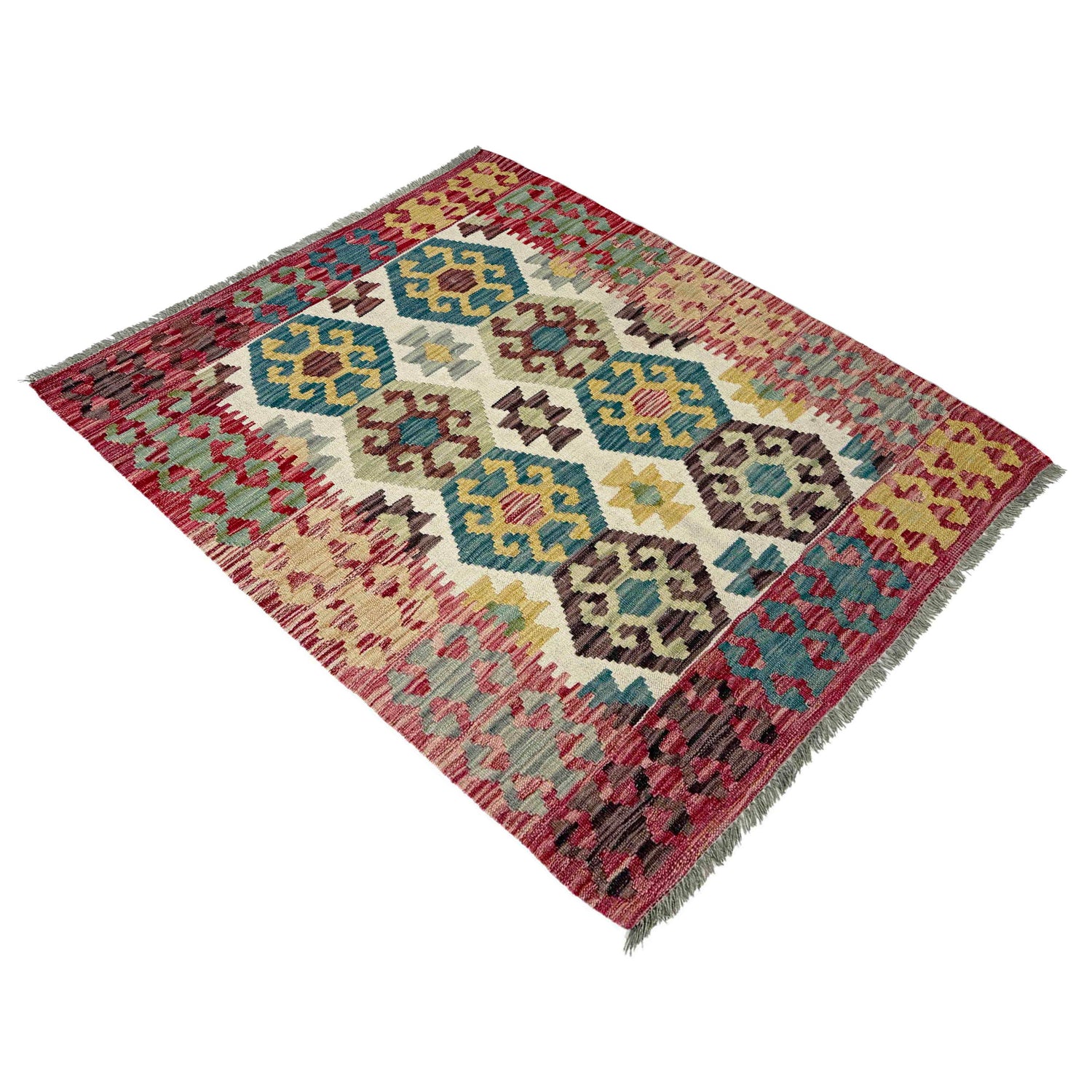 Multi Color ful Flat-Weave Wool Kilim 3' 5" x 4' 8" ft / 103 x 143 cm - No. R38981