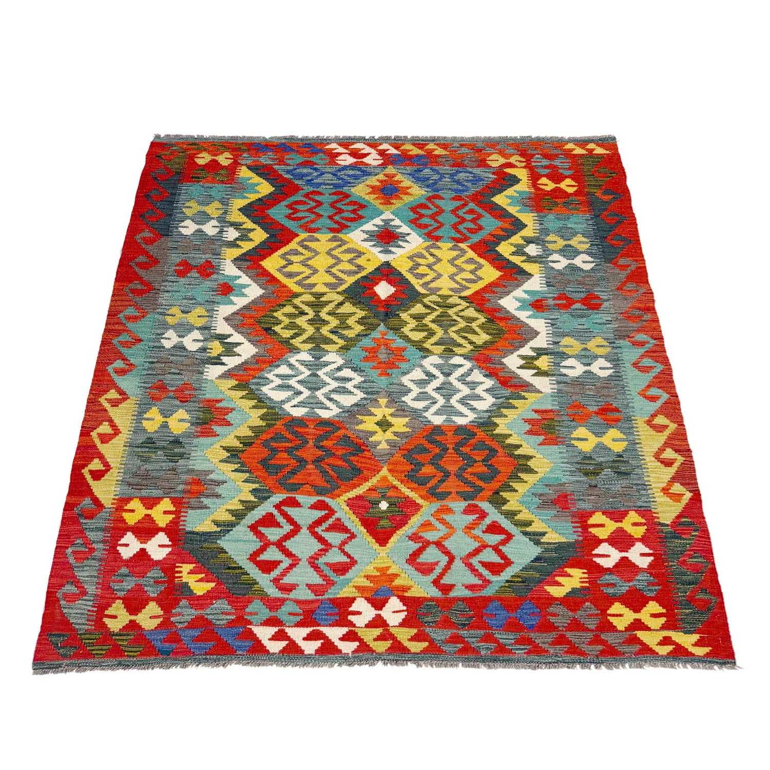 Multi Color ful Flat-Weave Wool Kilim 5' 1" x 6' 8" ft / 155 x 204 cm - No. R39035