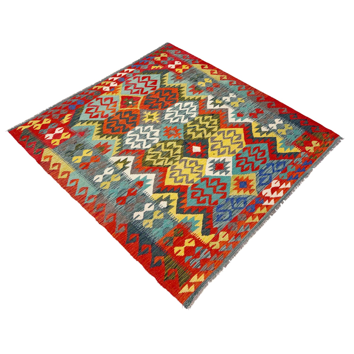 Multi Color ful Flat-Weave Wool Kilim 5' 1" x 6' 8" ft / 155 x 204 cm - No. R39035