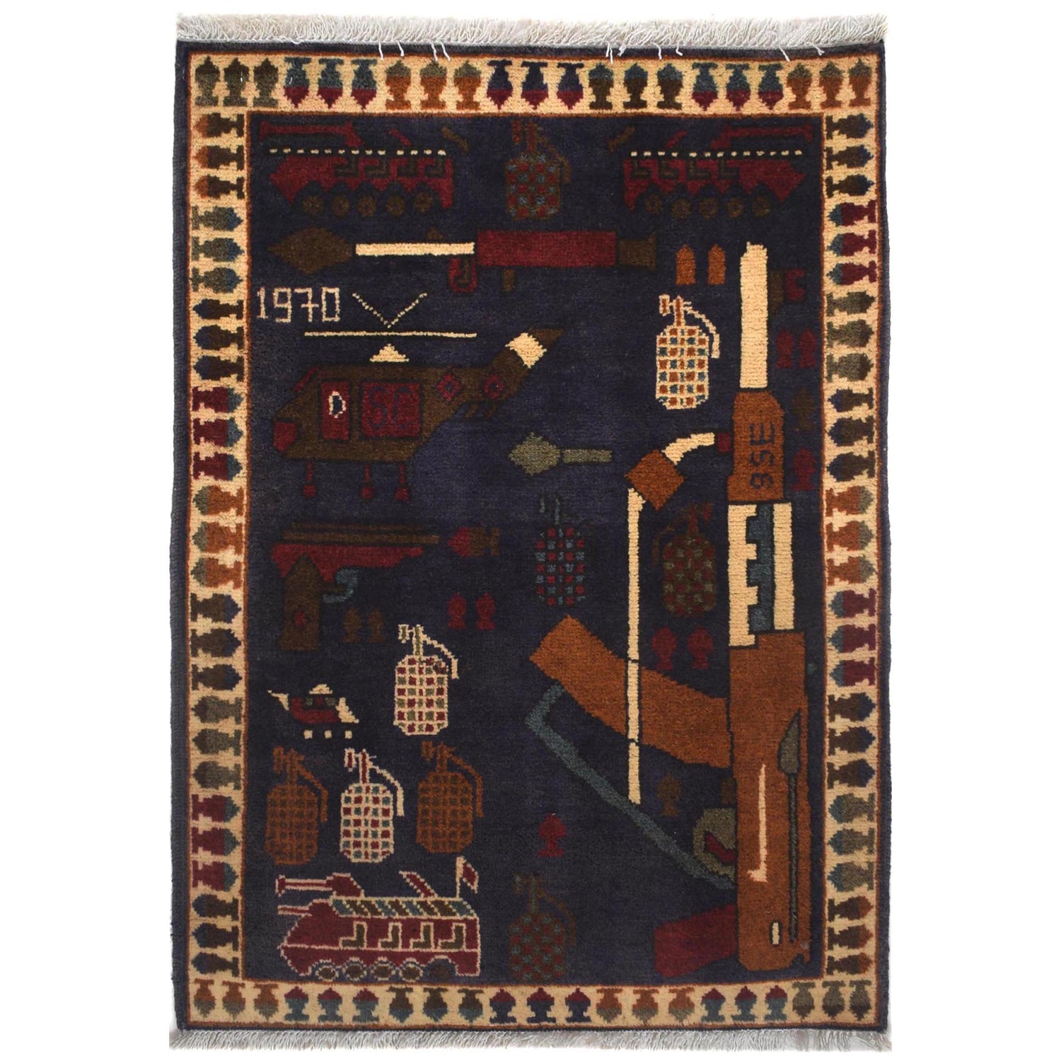 Dark Blue Color War Rug 2' 2" x 2' 11" ft / 65 x 88 cm - No. W30740