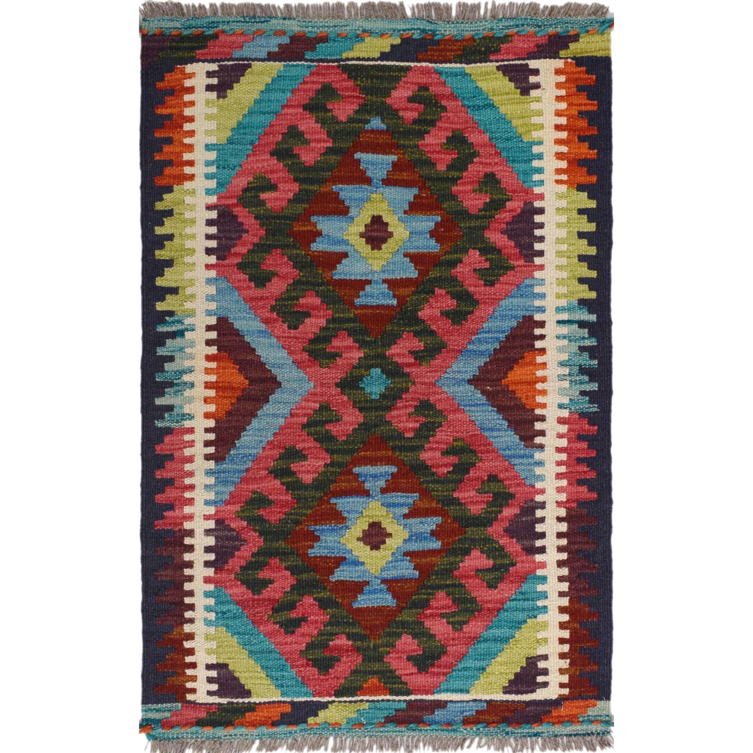 Colorful Flat-Weave Wool Kilim 1' 11 x 2' 11" ft / 58 x 90 cm - No. W30773