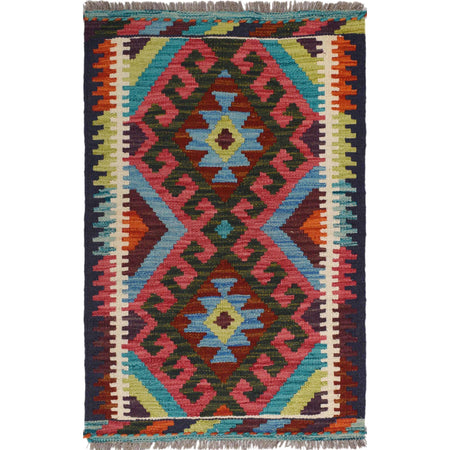 Colorful Flat-Weave Wool Kilim 1' 11 x 2' 11" ft / 58 x 90 cm - No. W30773