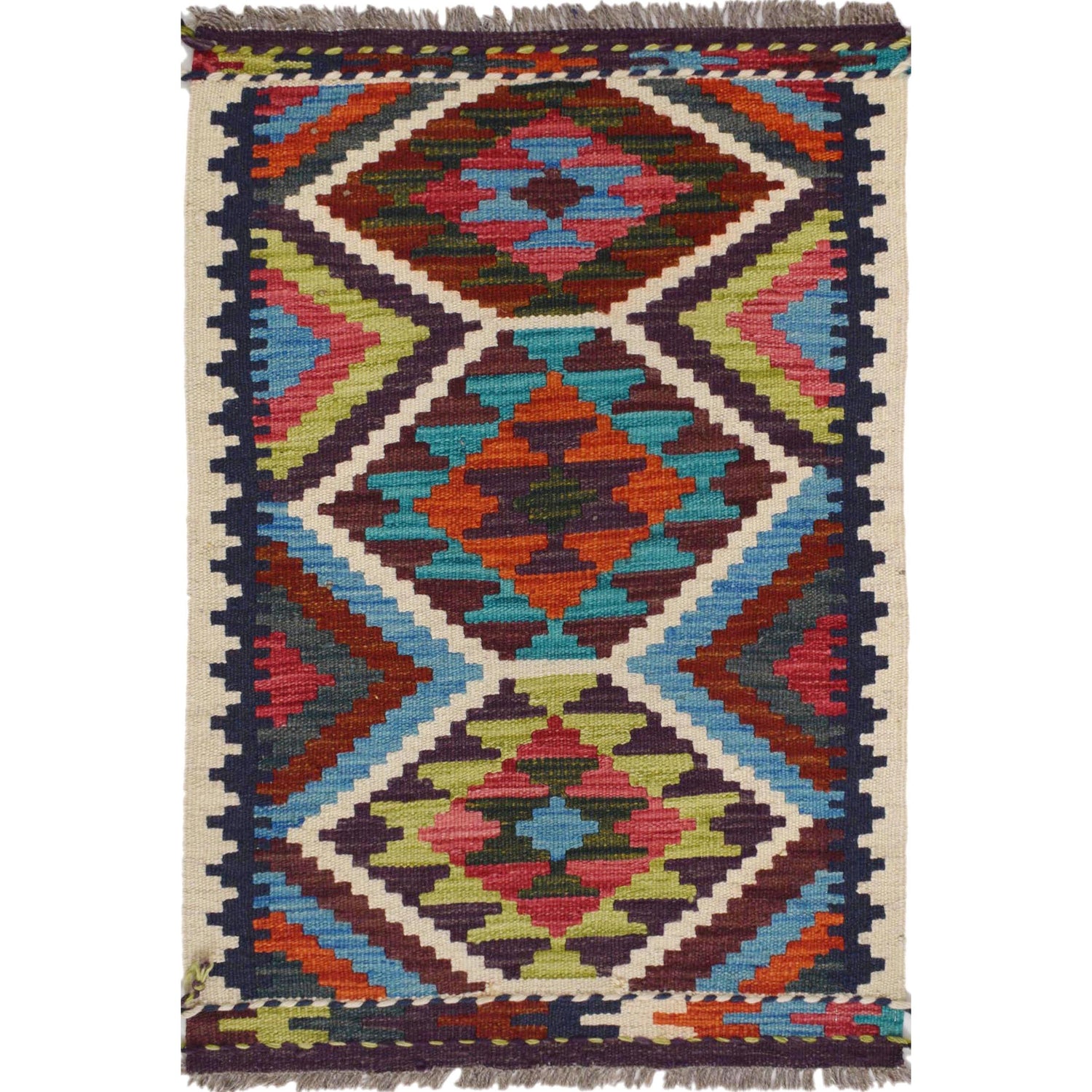 Colorful Flat-Weave Wool Kilim 2' 0 x 2' 11" ft / 61 x 88 cm - No. W30775